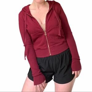 Spiritual Gangster Burgundy Red Ribbed Crop Hoodie Jacket